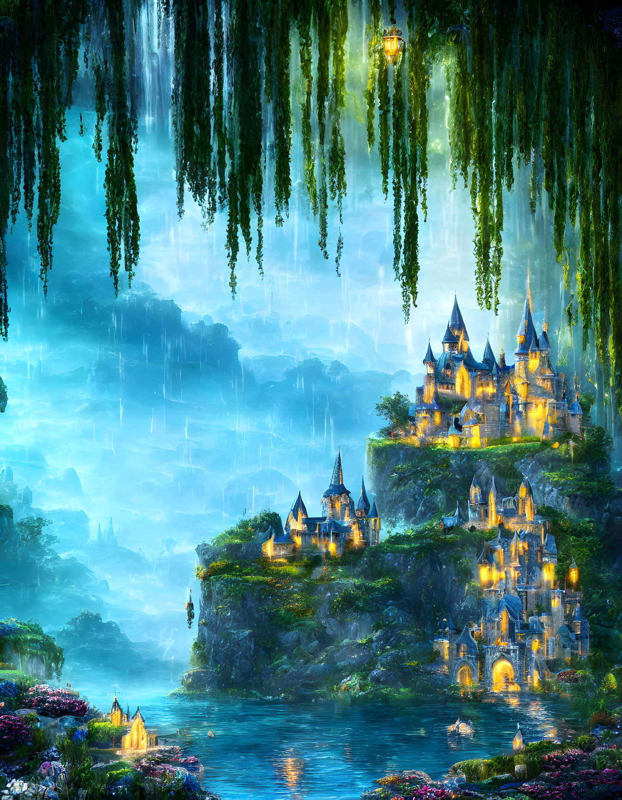 Mystical landscape with waterfalls, river, lush vegetation, and fantasy castles