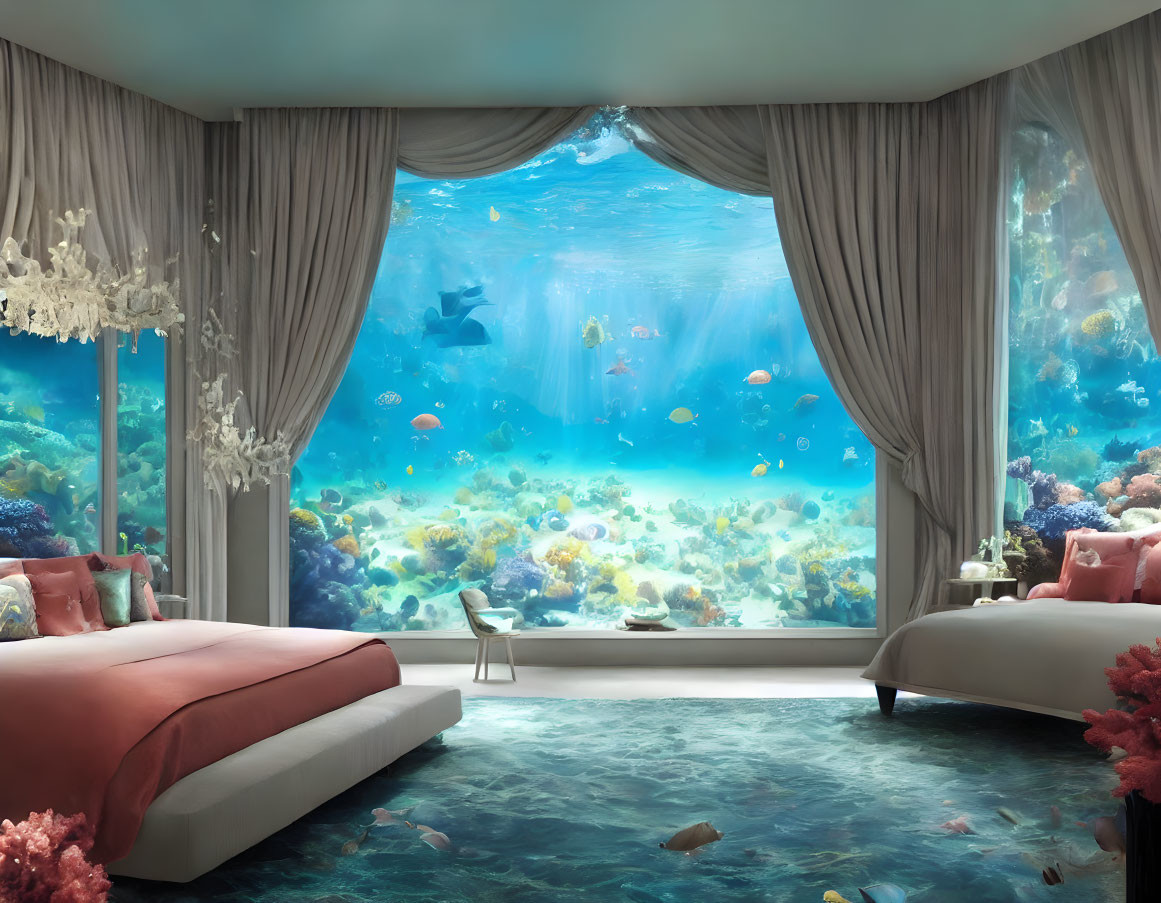 Luxurious Underwater Bedroom with Large Windows and Elegant Decor