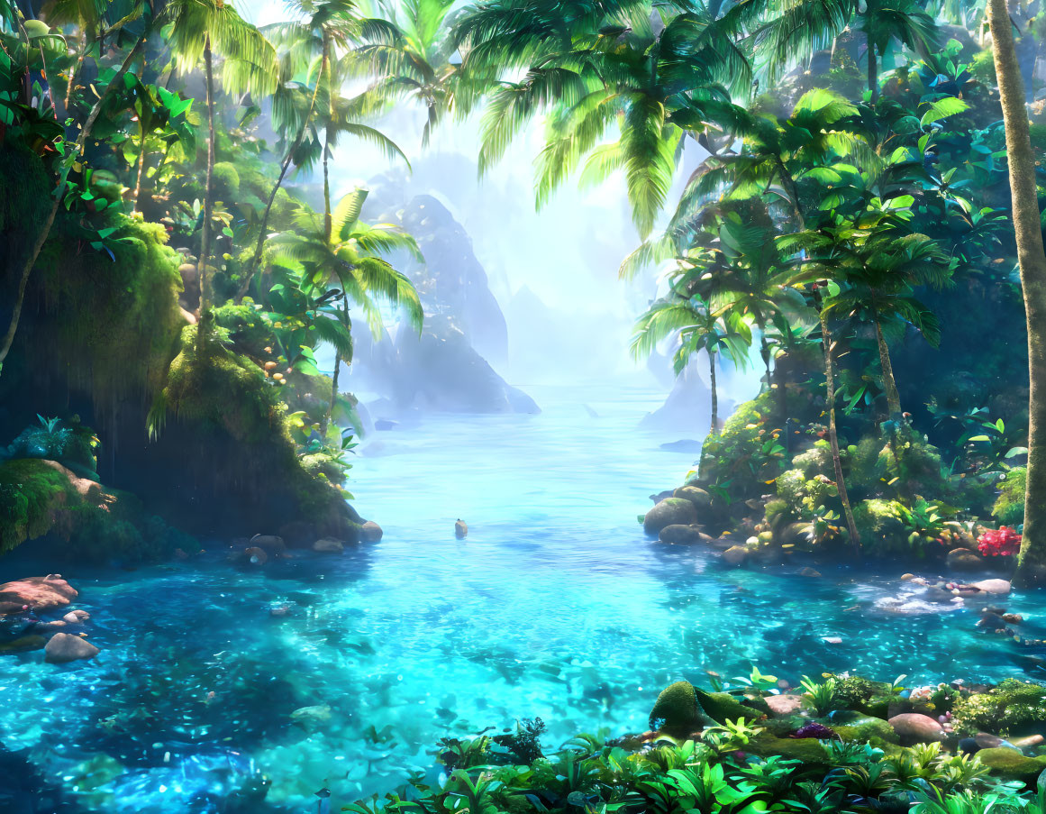 Tropical paradise with palm trees, turquoise water & misty mountains