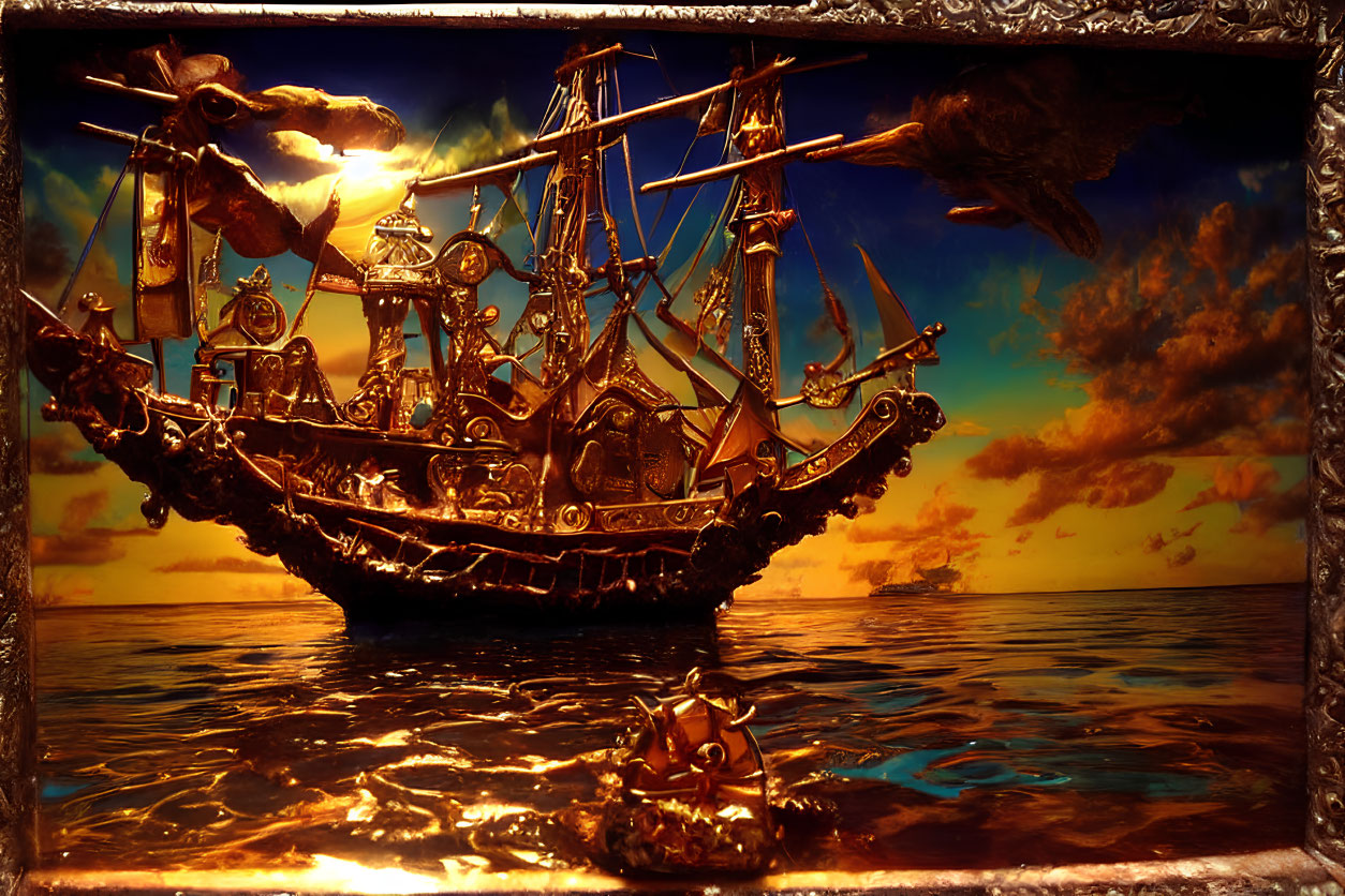 Detailed 3D sailing ship on stormy seas under golden sunset