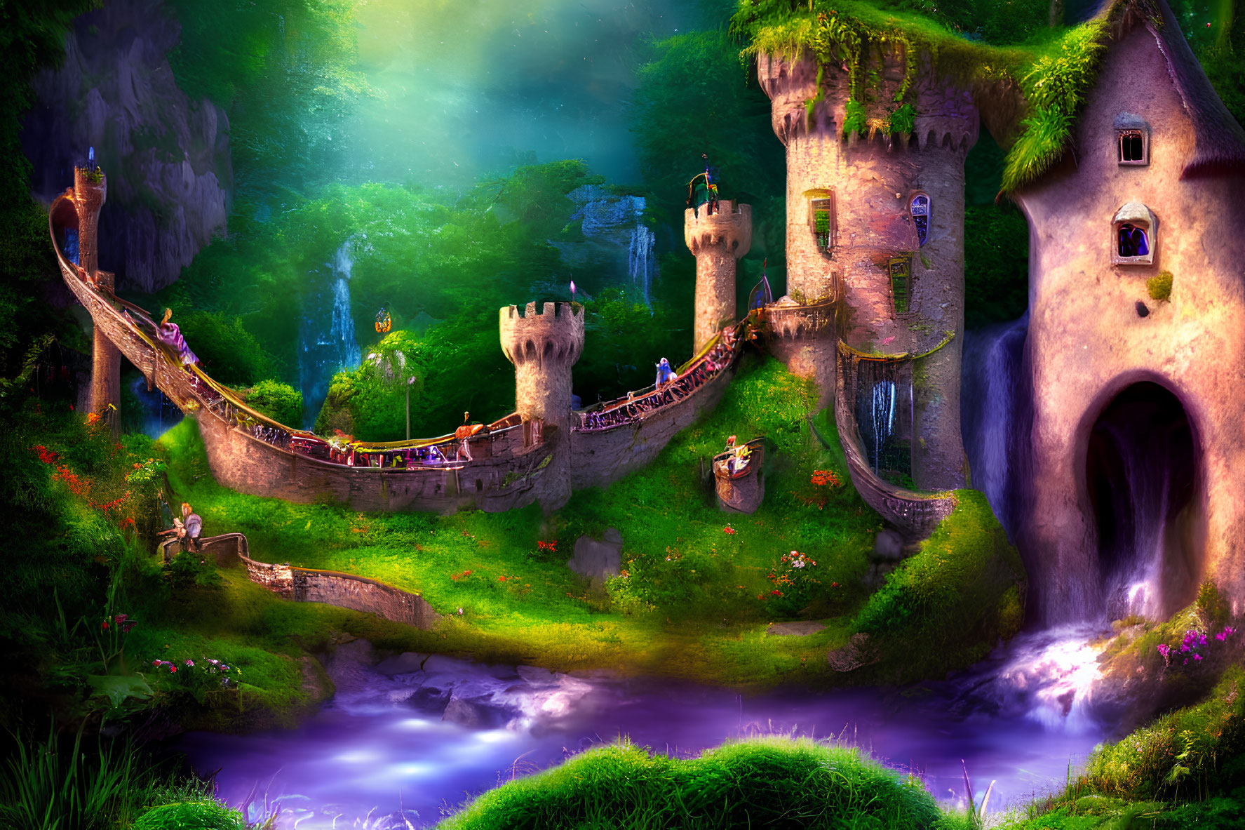 Whimsical fairy tale landscape with castles, bridge, river & purple glow