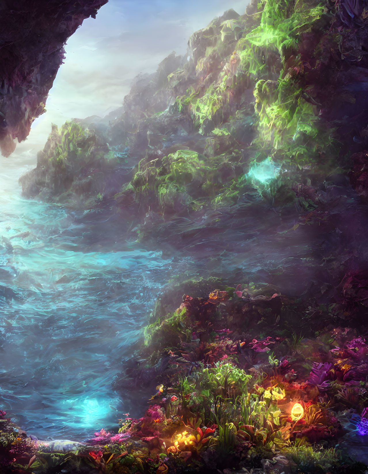 Mystical river in vibrant, ethereal landscape with luminescent flora