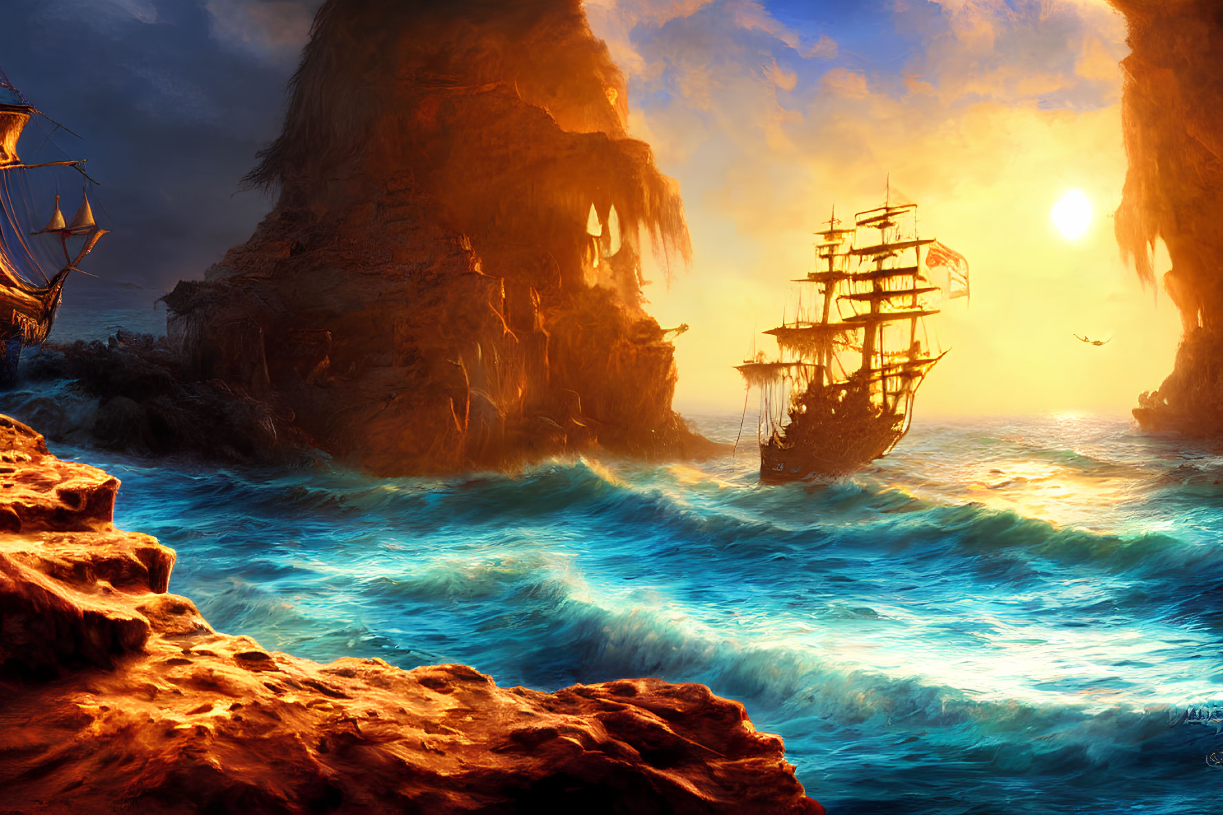 Sailing ship near rocky cliffs at sunset on tranquil ocean waters