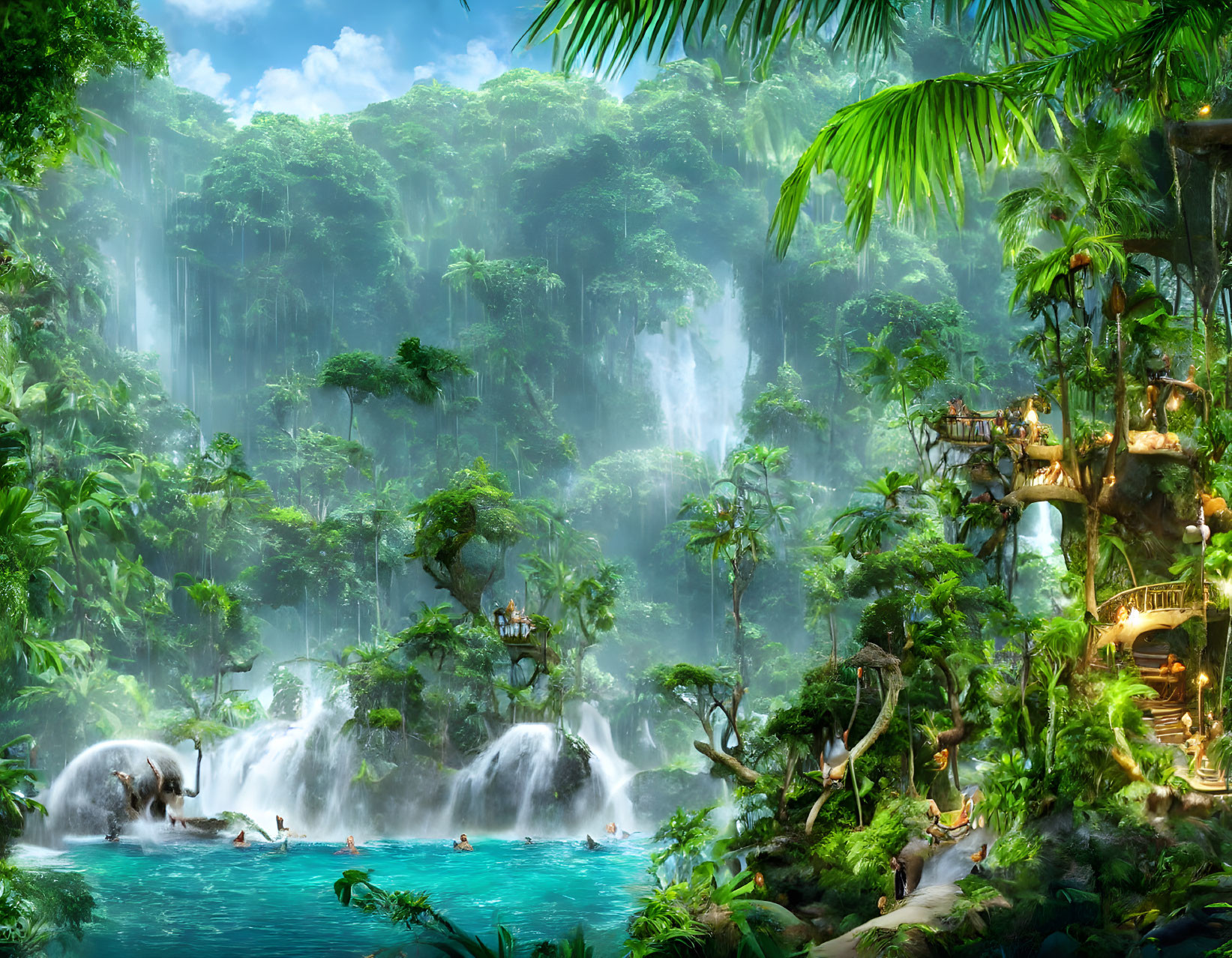 Tropical Jungle with Waterfalls, River & Treehouses