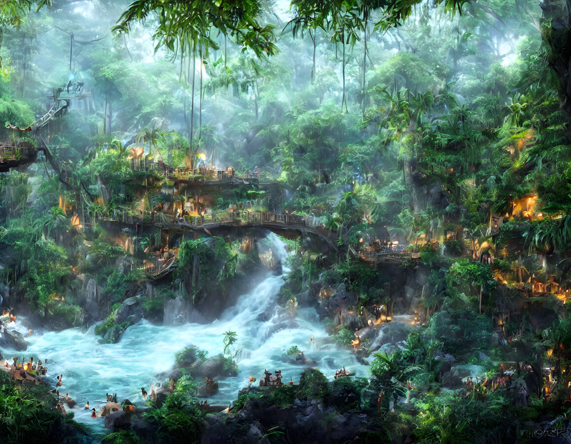 Mystical jungle with waterfall, illuminated village in lush setting