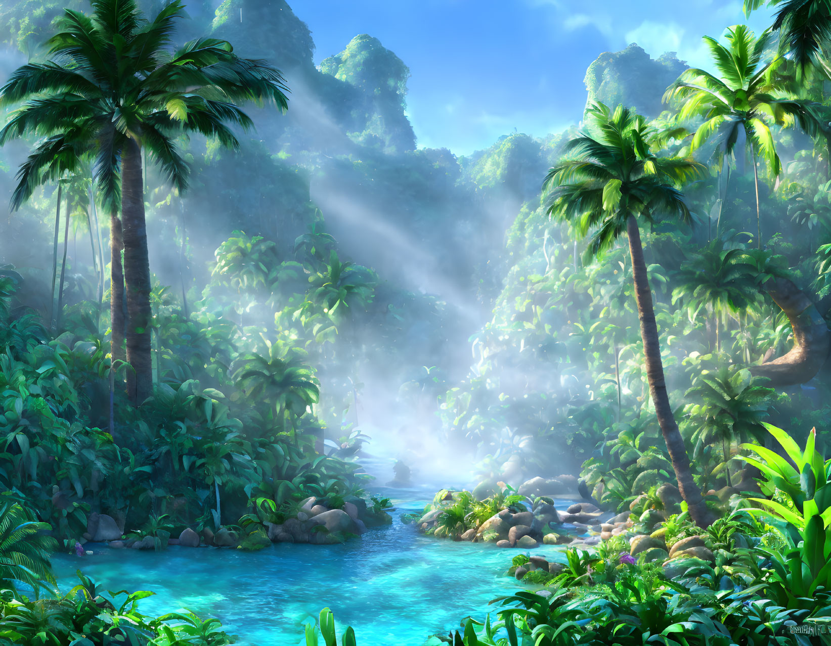 Tropical Jungle with Palm Trees, River, and Mountains