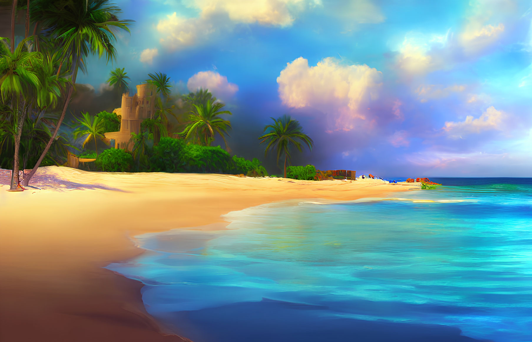 Tranquil beach scene with crystal clear waters, golden sands, palm trees, distant castle, vibrant