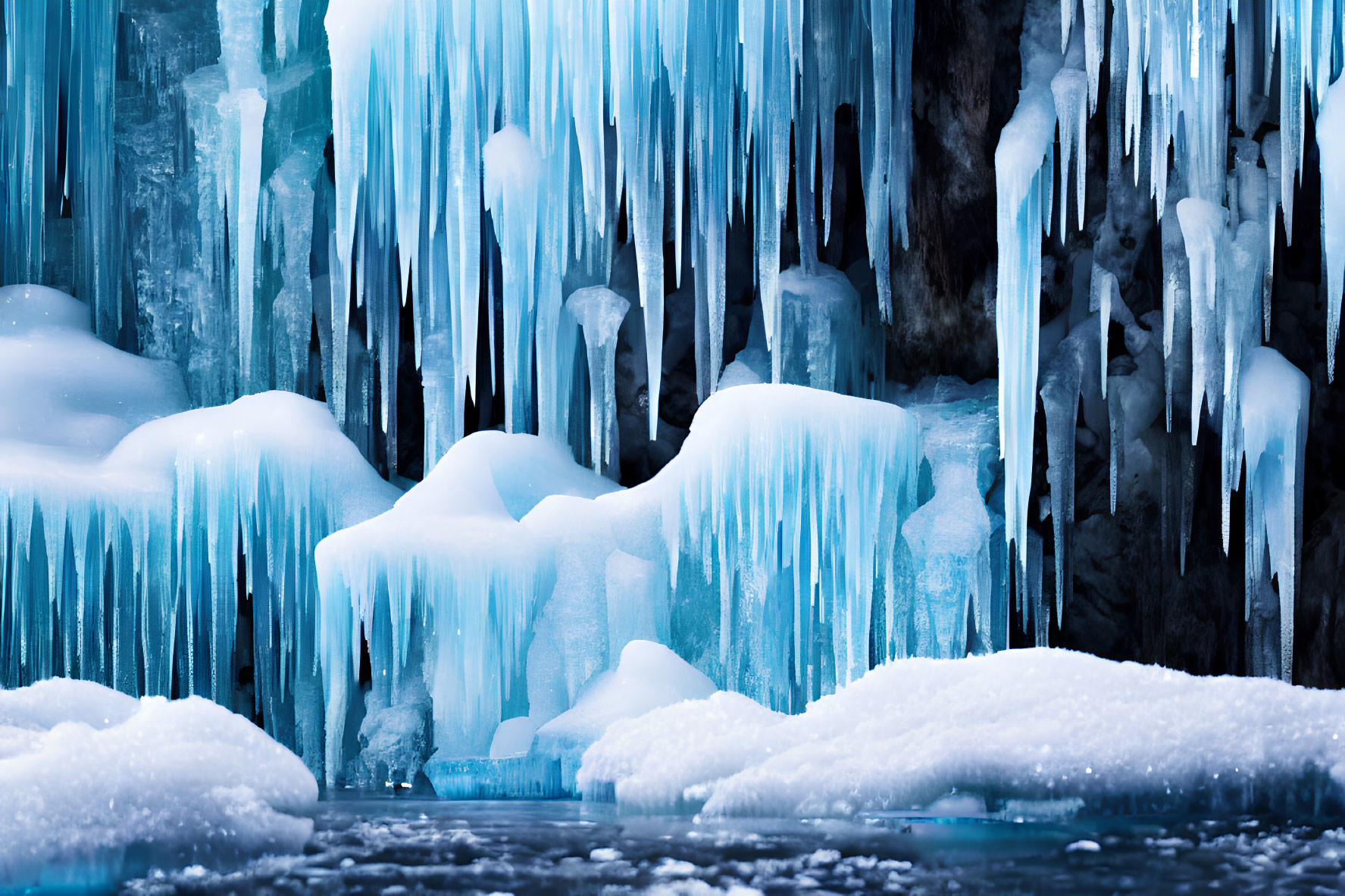 Icy Cave with Sharp Icicles and Snow-Covered Formations