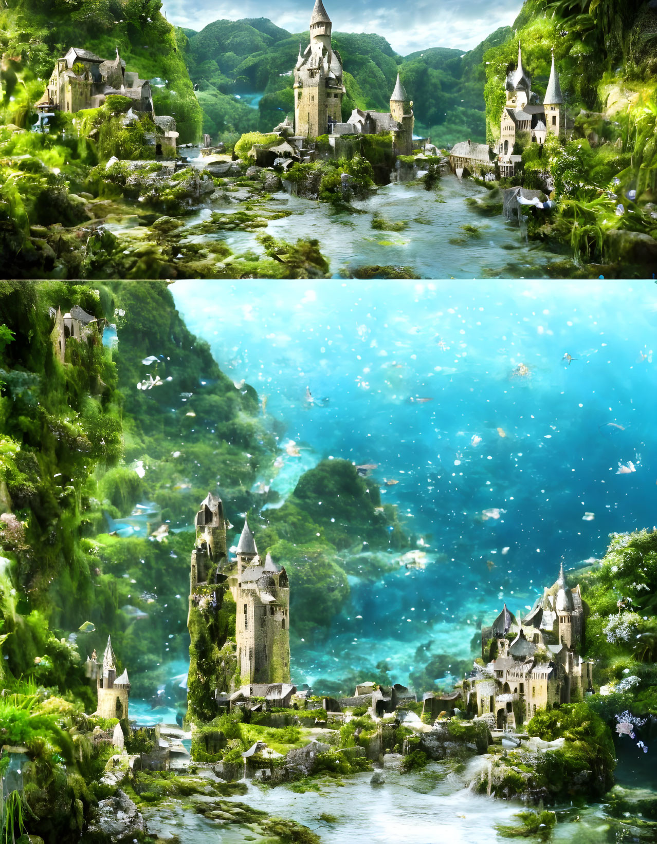 Fantasy Landscape with Medieval Towers, Rivers, and Underwater Realm