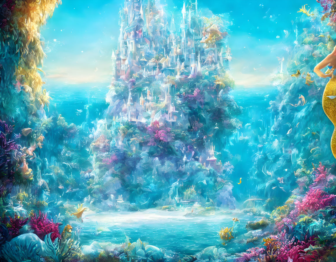 Colorful Underwater Scene with Mermaid, Coral Castle, Marine Life, and Flora