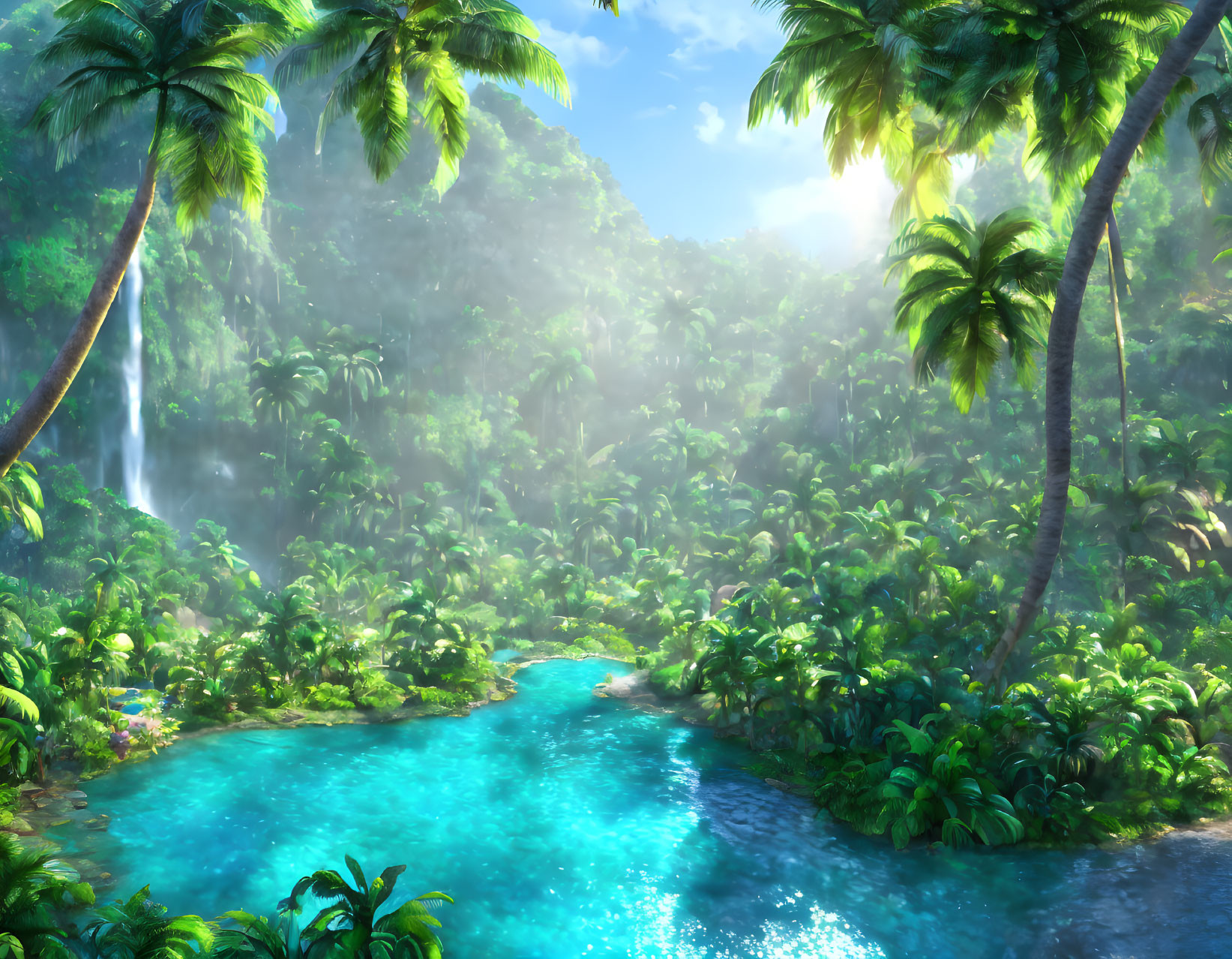 Tropical paradise with waterfall, lush greenery, palm trees, and serene river