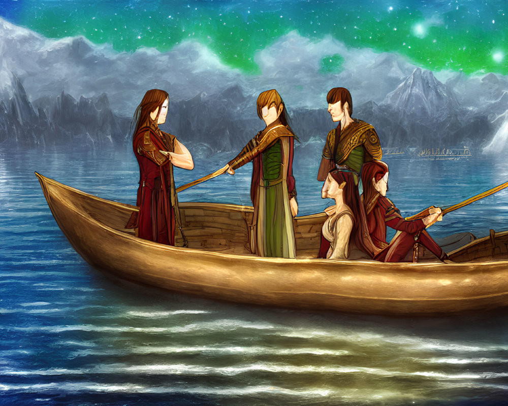 Four animated characters in historical attire on a wooden boat with oars in a serene mountain lake.