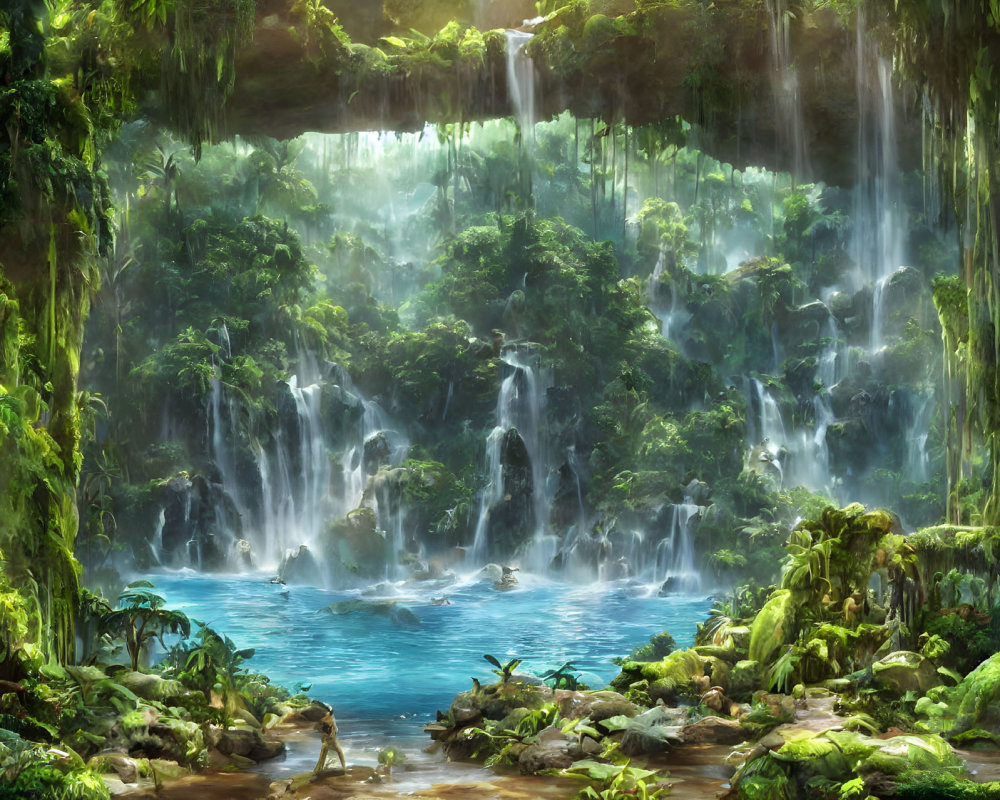 Tranquil waterfall oasis with lush greenery and blue pool