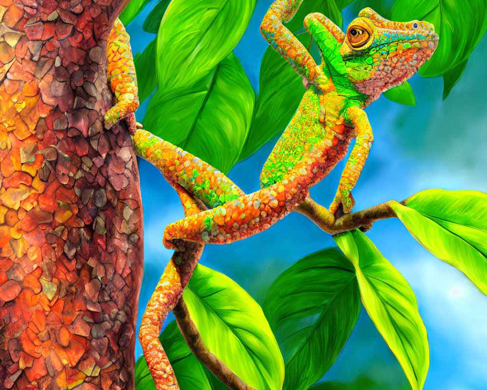 Vibrant chameleon on textured branch with green leaves