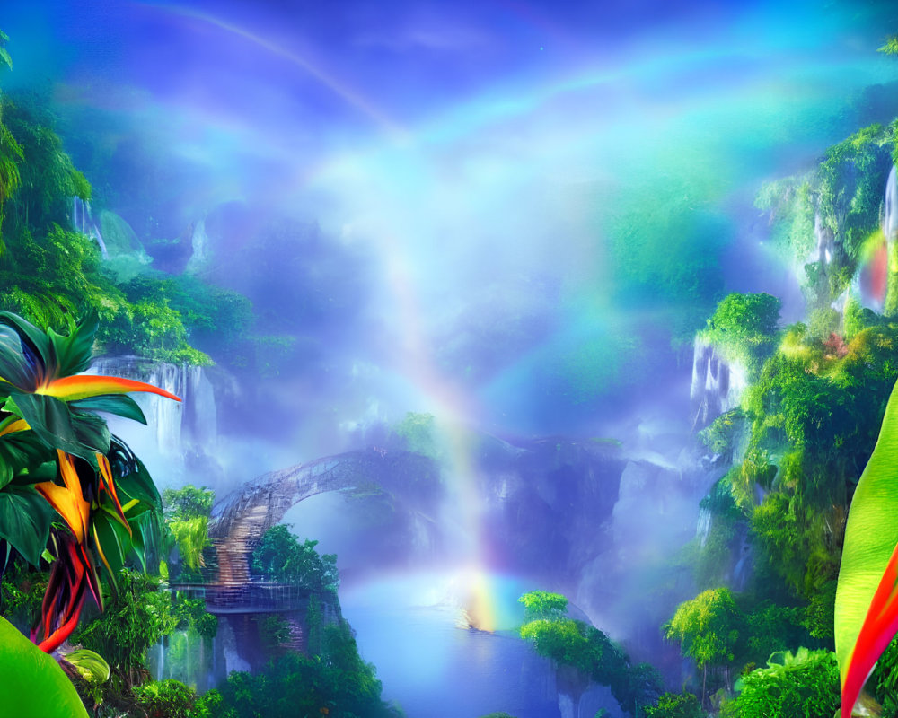 Fantastical landscape with wooden bridge, misty river, lush foliage, waterfalls, and colorful