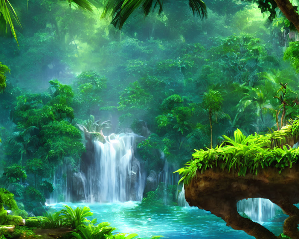 Lush Tropical Forest with Waterfall and Blue Pool