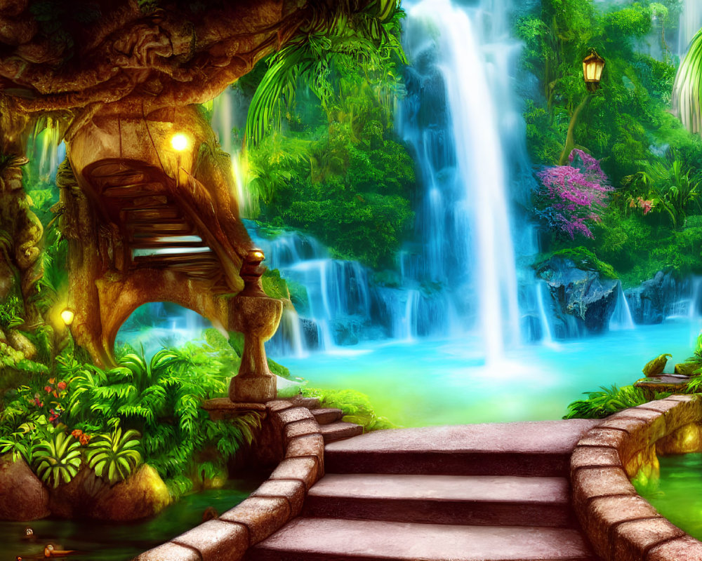 Fantasy landscape with waterfall, greenery, lanterns, stone pathway & whimsical tree