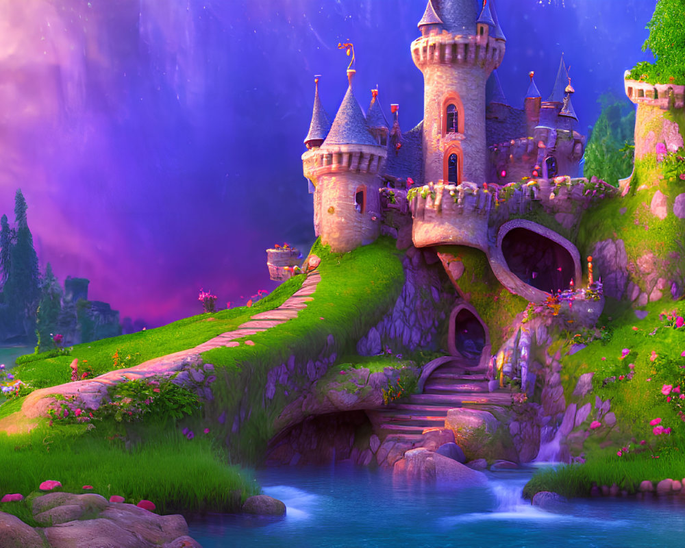 Colorful Fairytale Castle with Towers and Arches in Lush Landscape