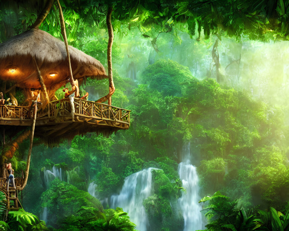 Thatched roof treehouse in lush jungle with waterfall