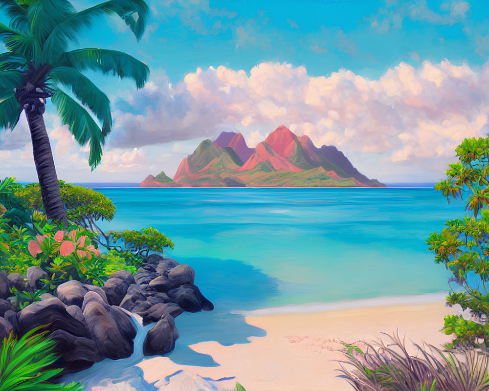 Tropical Seascape with Beach, Palm Trees, and Mountains