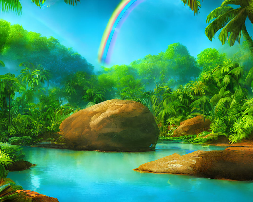 Vibrant tropical forest with blue river, boulders, and rainbow