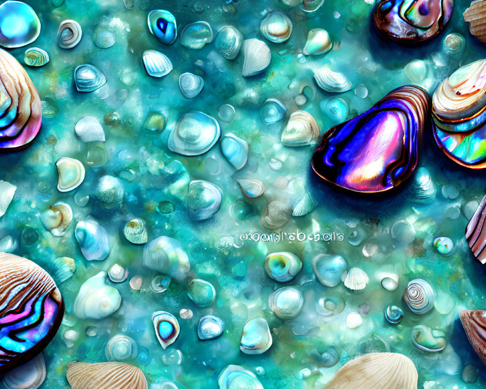 Assorted iridescent seashells on blue underwater background