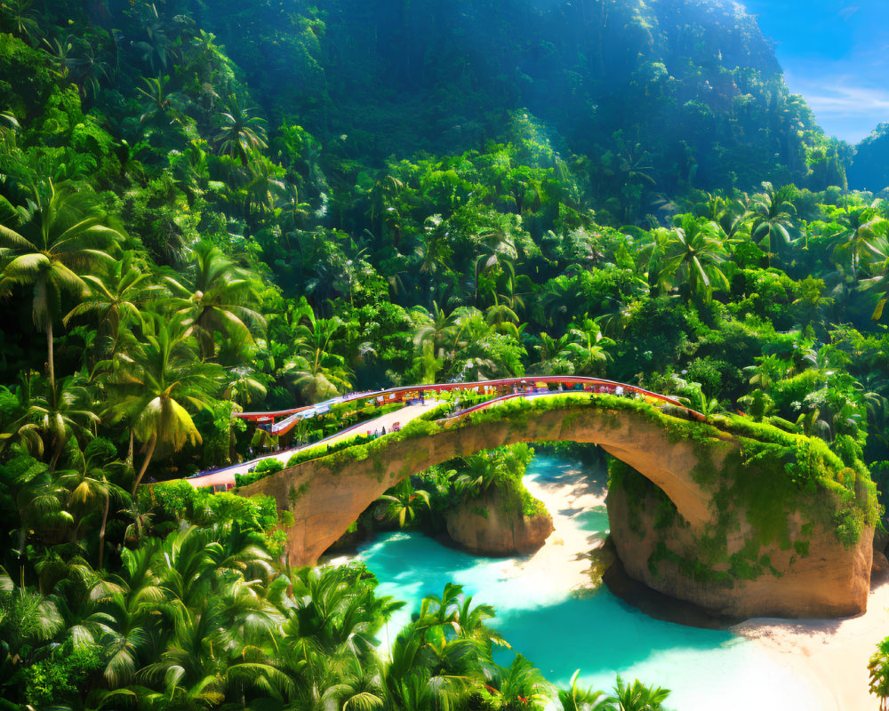 Colorful Train Crossing Stone Arch Bridge over Turquoise River