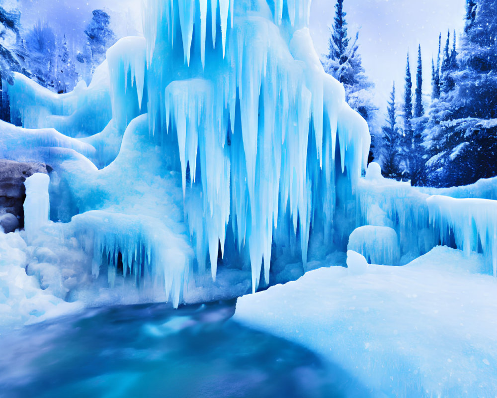 Frozen Waterfall with Icicles and Snow-Covered Trees in Blue Sky