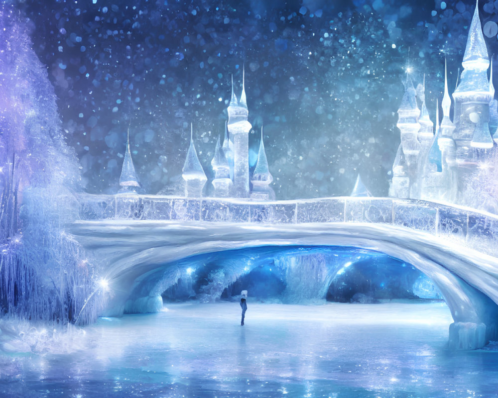 Person gazes at icy blue castle in winter wonderland