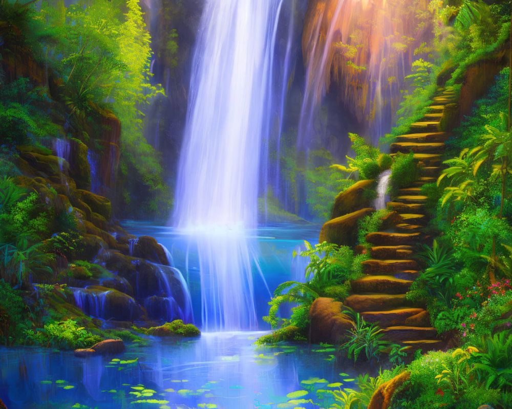 Scenic landscape with cascading waterfall and stone staircase