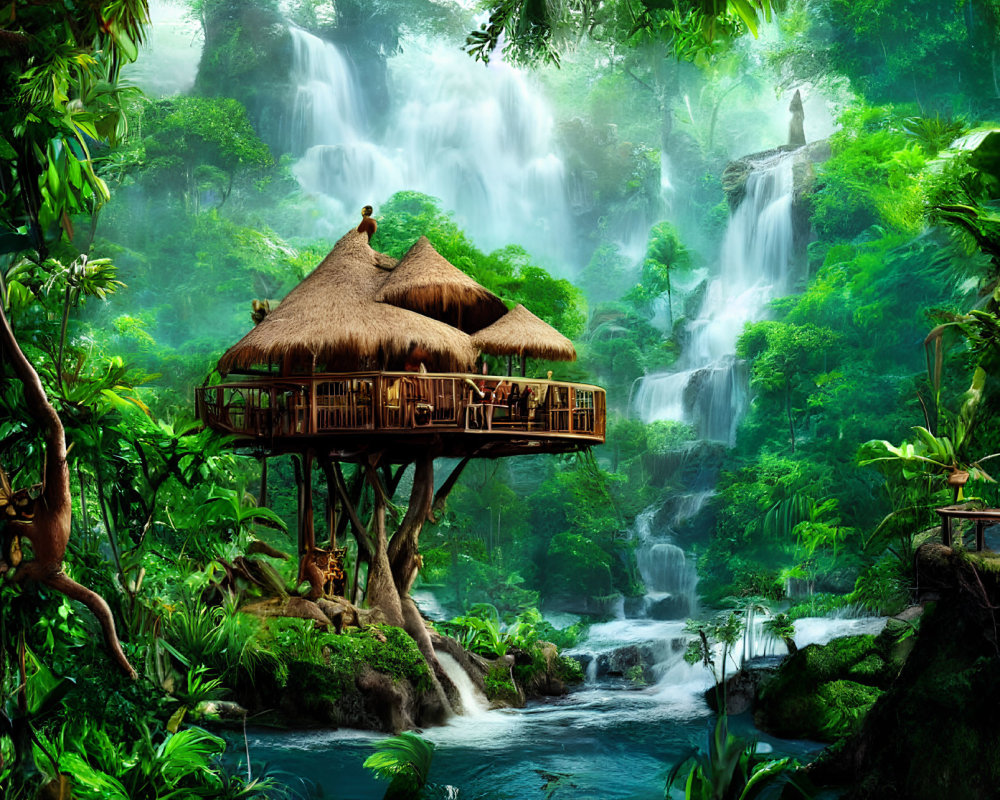 Tranquil jungle landscape with treehouse and waterfalls