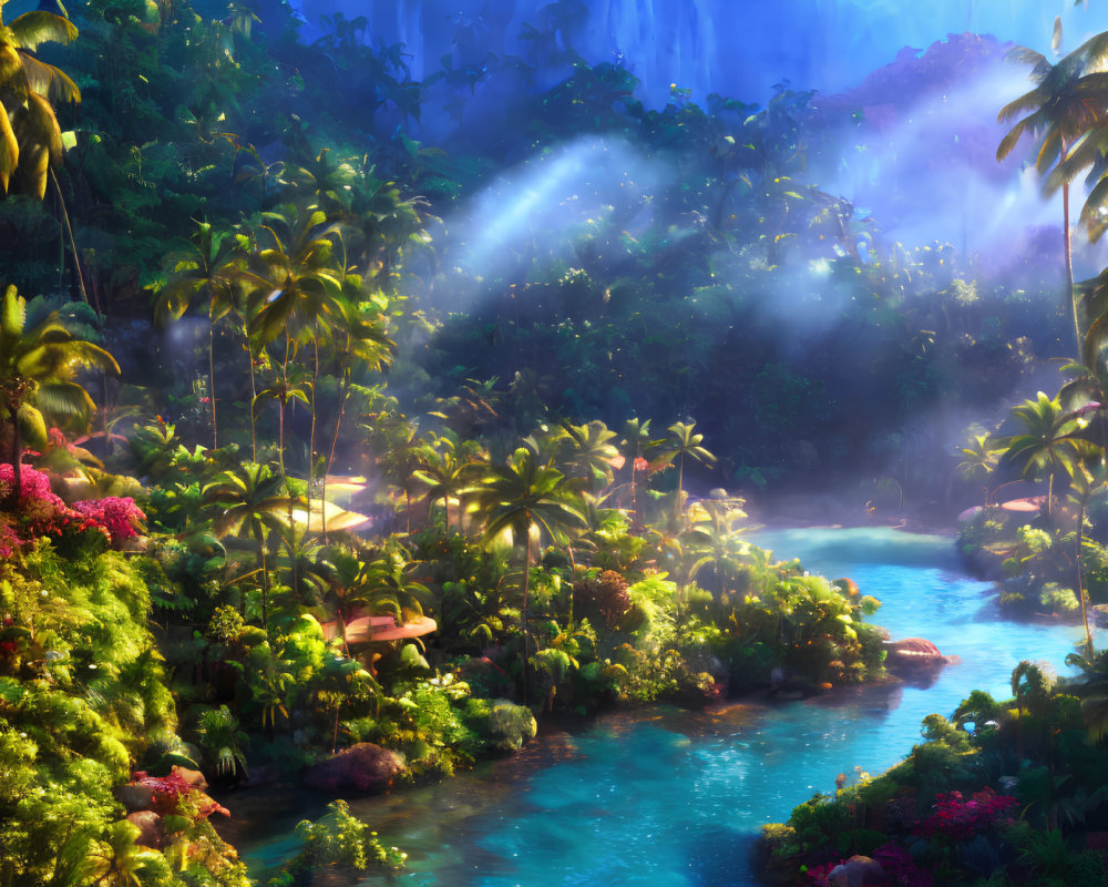 Lush Green Jungle with River, Waterfalls, and Sunlight