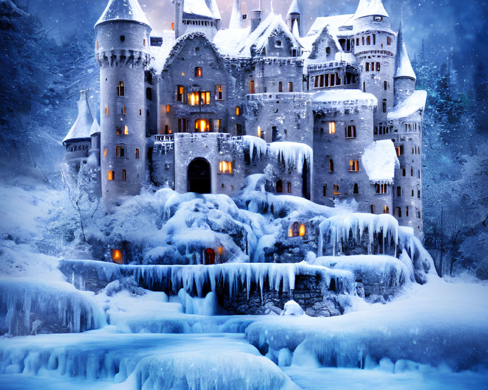 Snow-covered castle in icy landscape with glowing windows