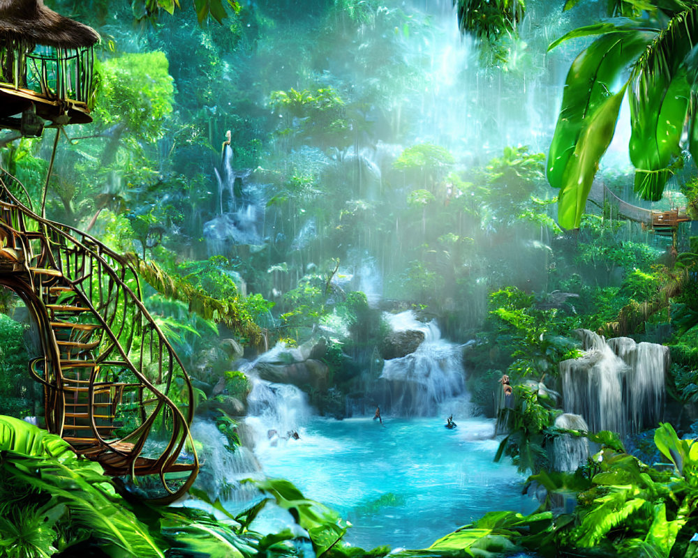 Lush green jungle with waterfalls, wooden bridge, hut in misty foliage