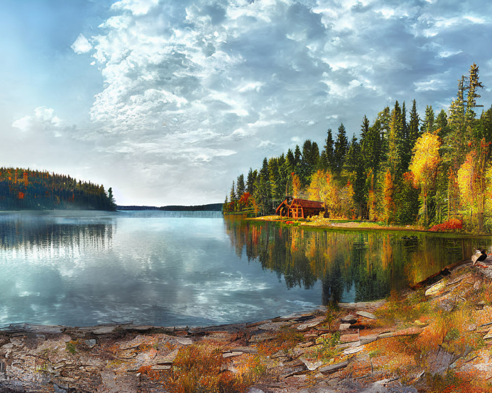 Serene Lake Scene with Autumn Trees and Cabin