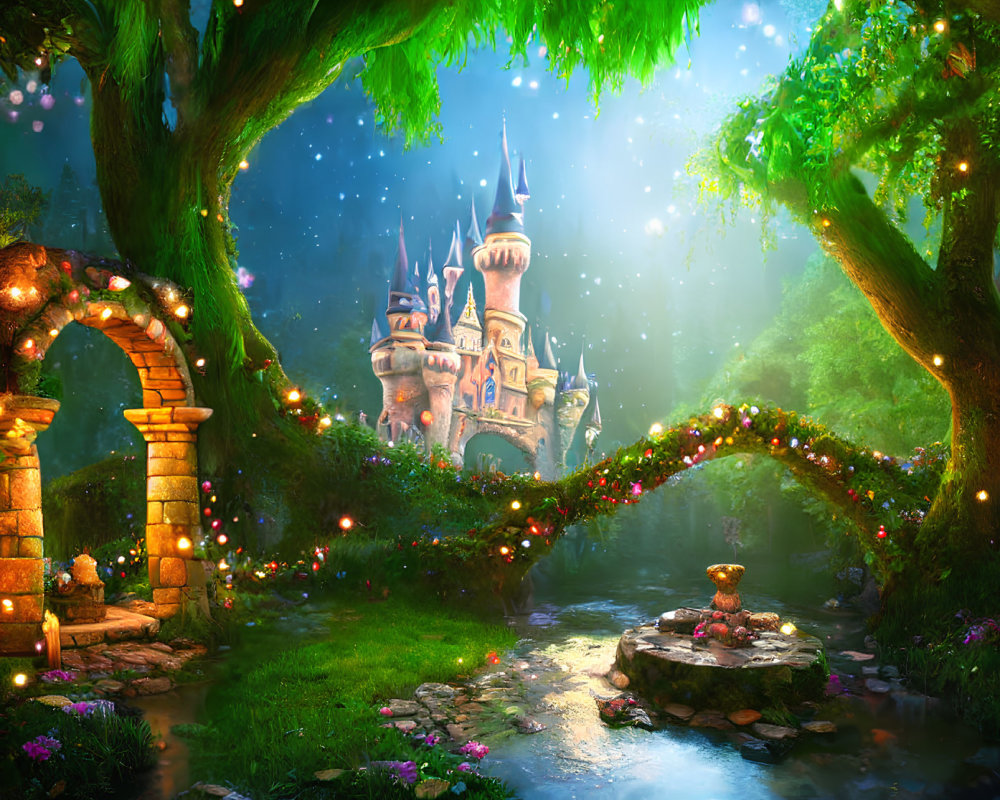 Whimsical fairy tale landscape with castle, glowing lights, stone bridge, and vibrant flora