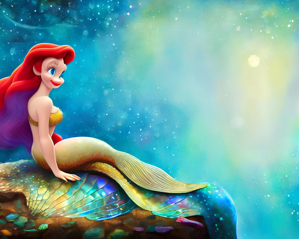 Colorful illustration of Ariel from Little Mermaid on rock with celestial background.