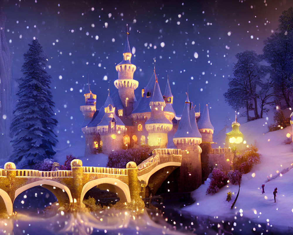 Animated Winter Scene with Glowing Castle and Snow-covered Trees