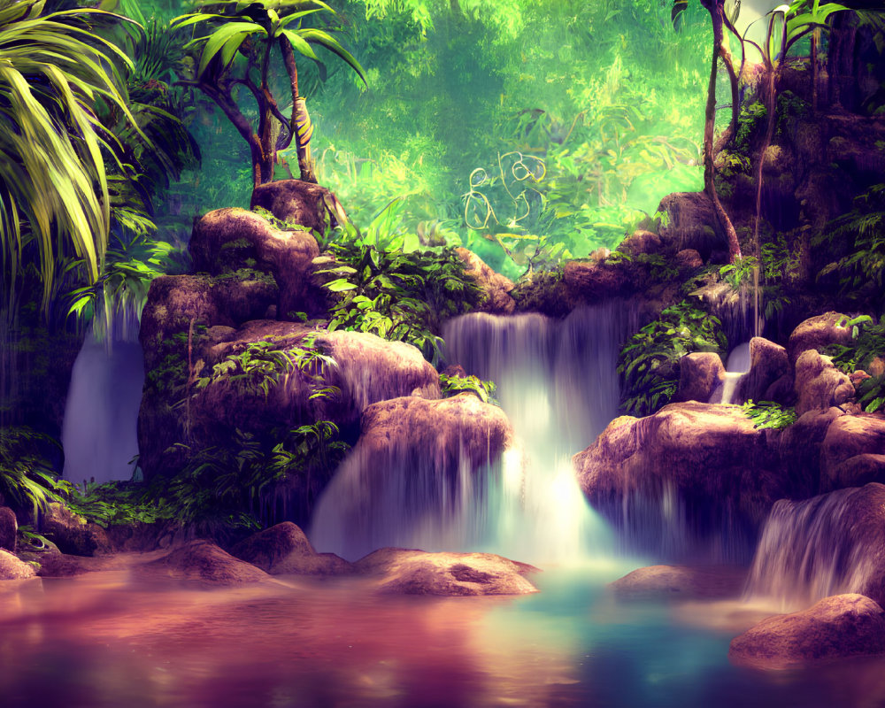 Tranquil Tropical Waterfall with Moss-Covered Rocks