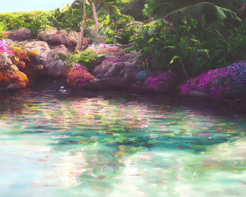 Tranquil Tropical Pond with Vibrant Flowers and Colorful Fish