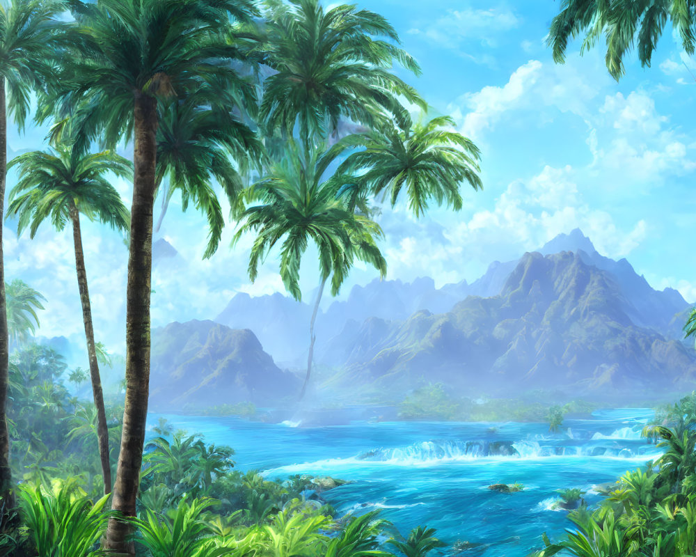 Lush Palm Trees, Blue Waters, Waterfalls, Mountains