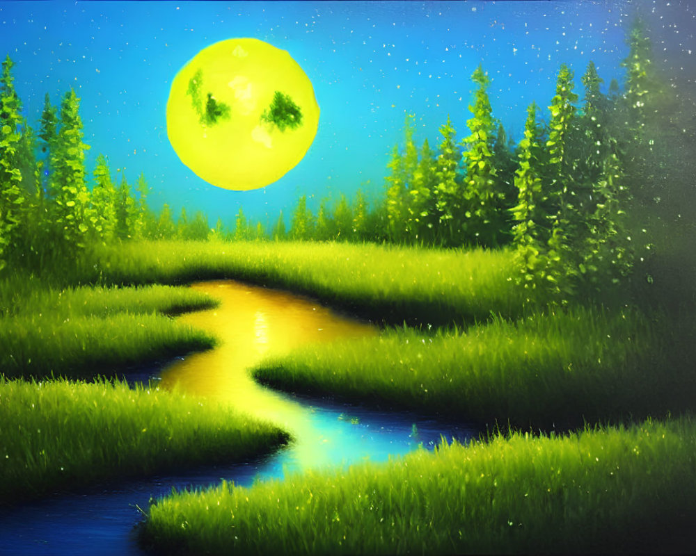 Moonlit night painting: yellow moon, winding river, green trees, starry sky