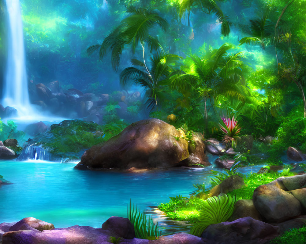 Tranquil Tropical Waterfall with Blue Pond and Lush Vegetation