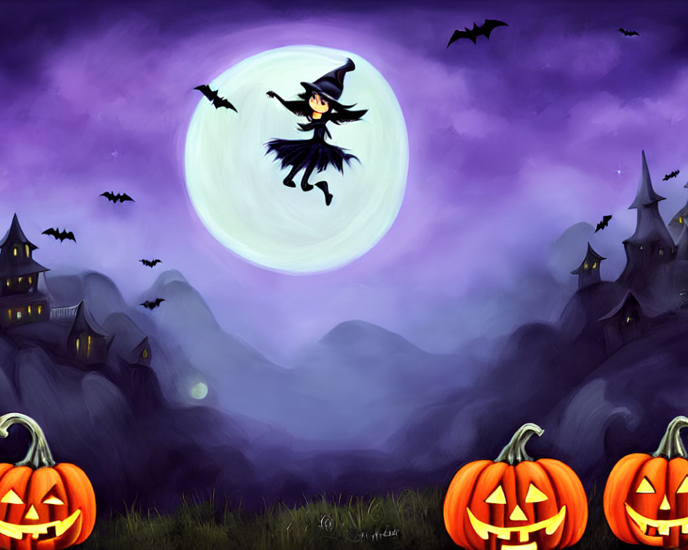 Witch flying on broomstick over full moon with bats, pumpkins, haunted houses.