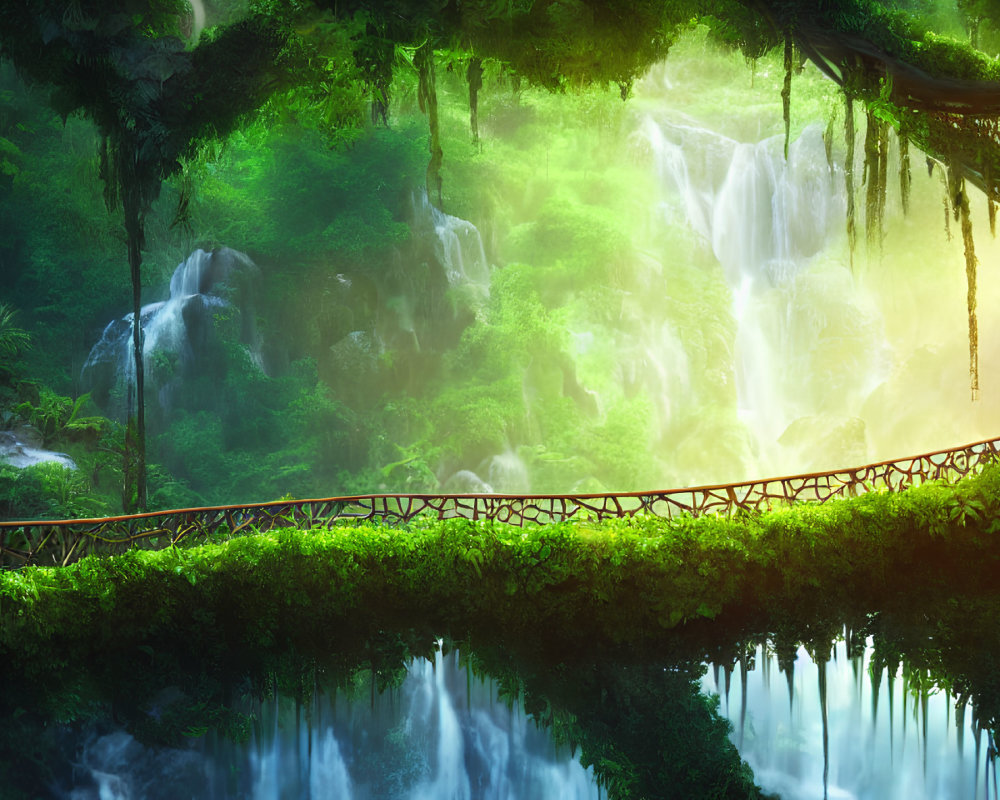 Tranquil Waterfall Oasis with Wooden Bridge and Greenery