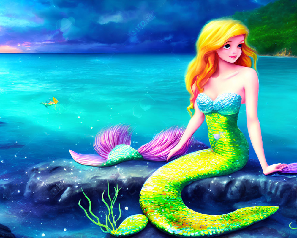 Mermaid with golden hair and green tail on rock by sea at sunset