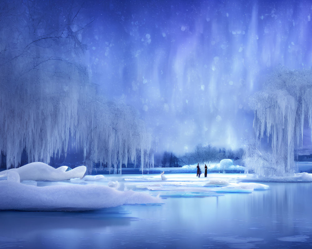 Winter Skating Scene with Silhouetted Figures on Frozen Lake