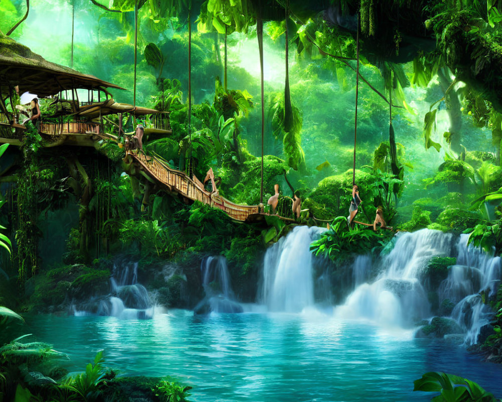 Lush Jungle Scene with Waterfall, Turquoise Pool, and Wooden Bridge