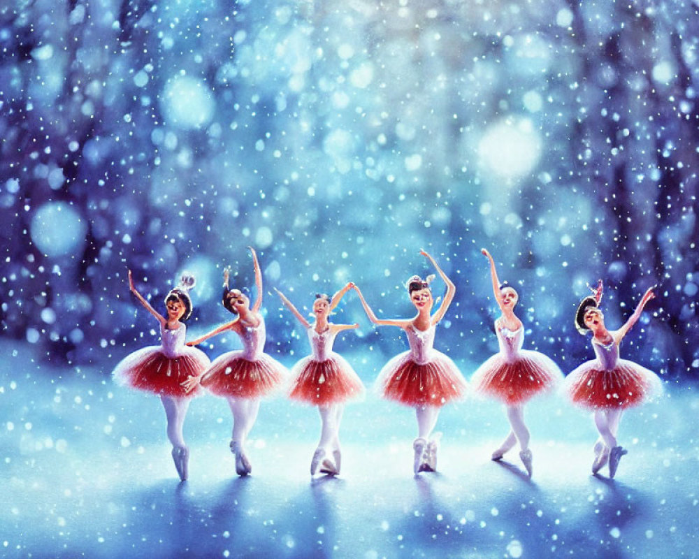 Group of ballerinas in red tutus dancing in snowfall under blue light