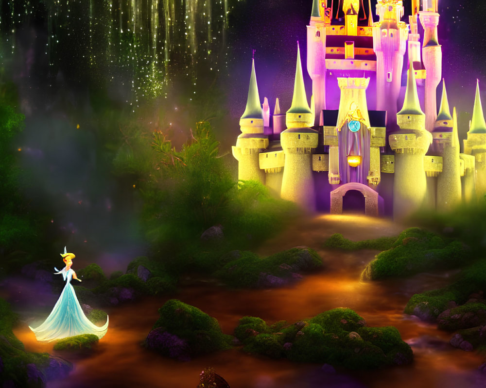 Glowing princess in front of majestic castle in magical forest